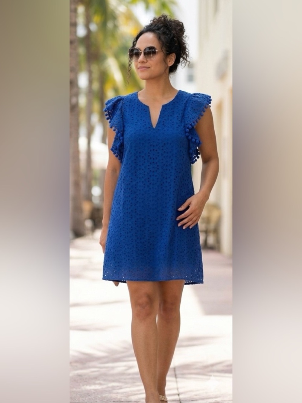 NWT Blue Eyelet Mini Dress | Pom Pom Sleeve | $198 Retail | S